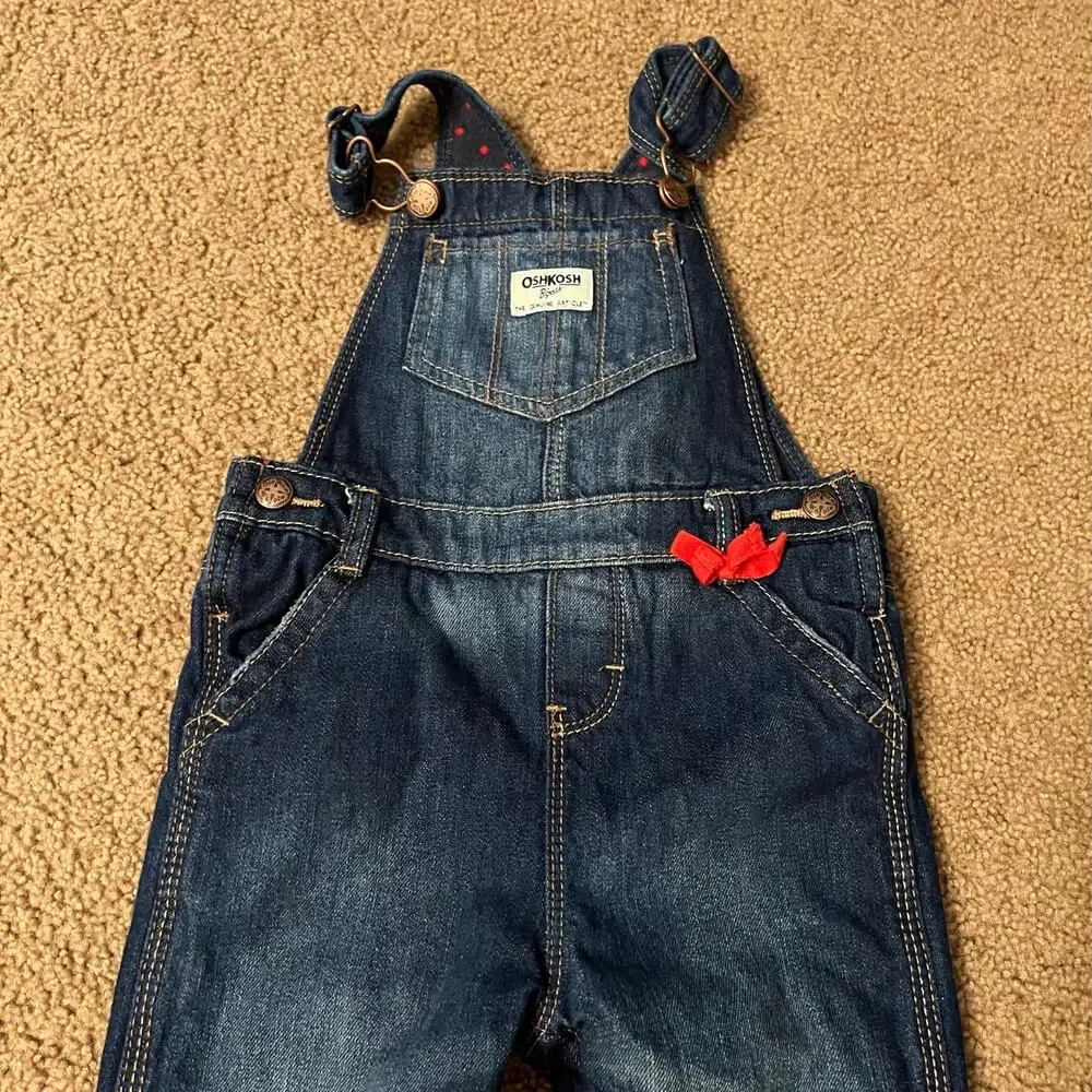 OshKosh B'Gosh Jean Overalls Baby Girls Size 24 Months w/ Red Bow Dark Wash